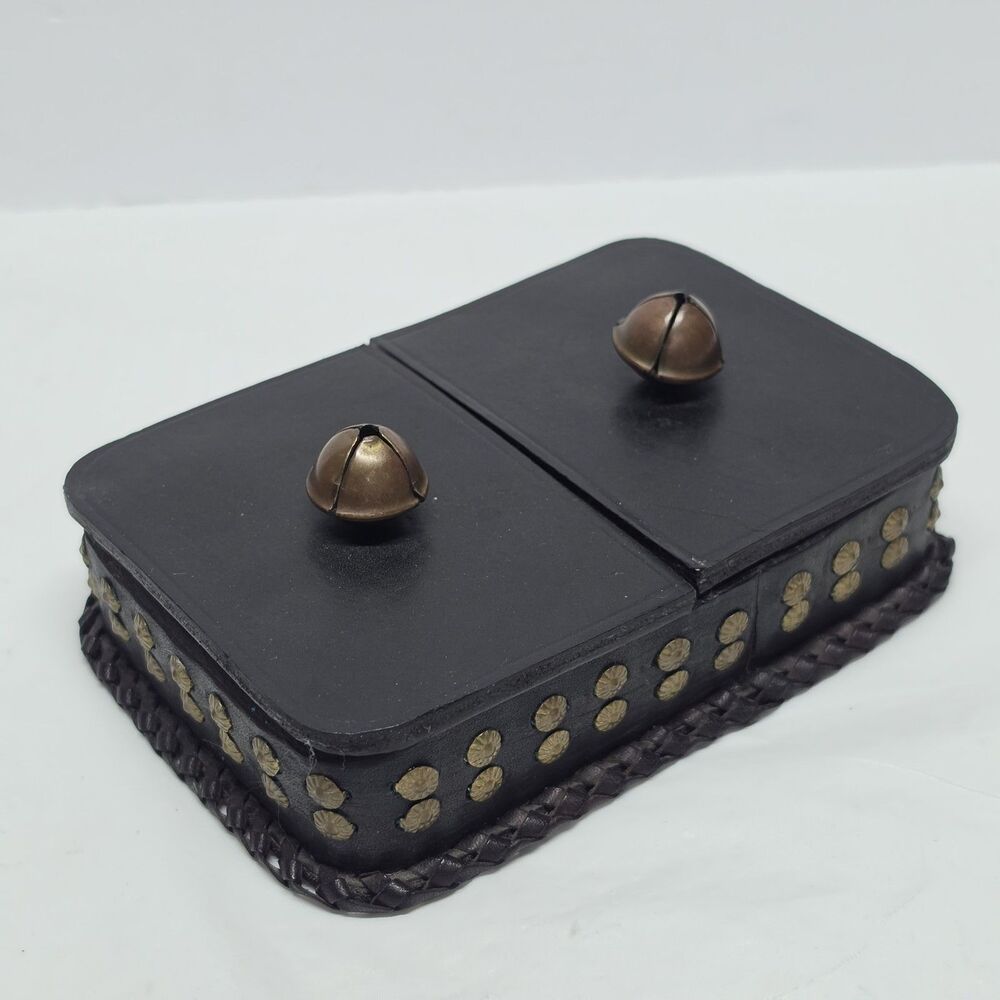 VTG Poland Studded Leather Double Deck Playing Card Box Holder With Bells MCM